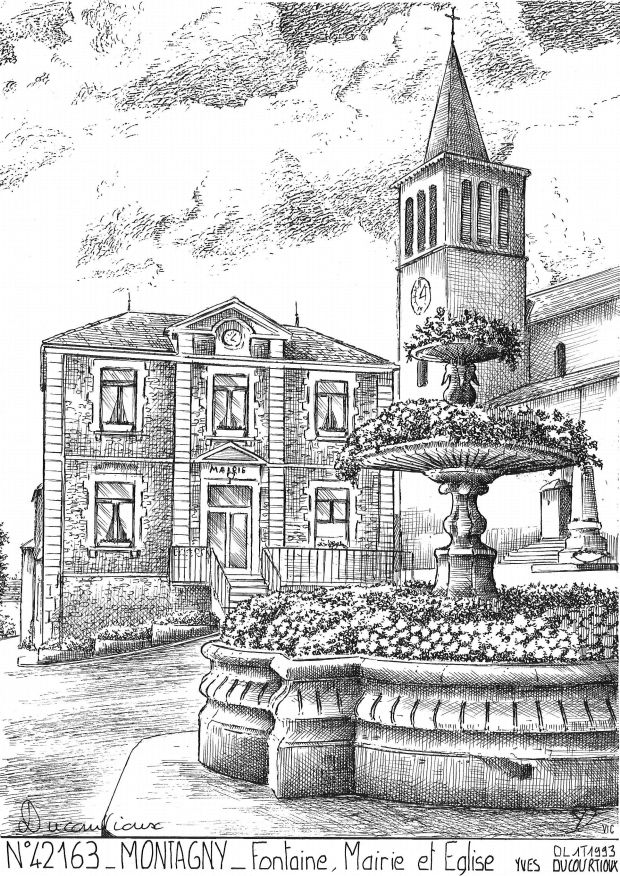 N 42163 - MONTAGNY - fontaine, mairie et �glise