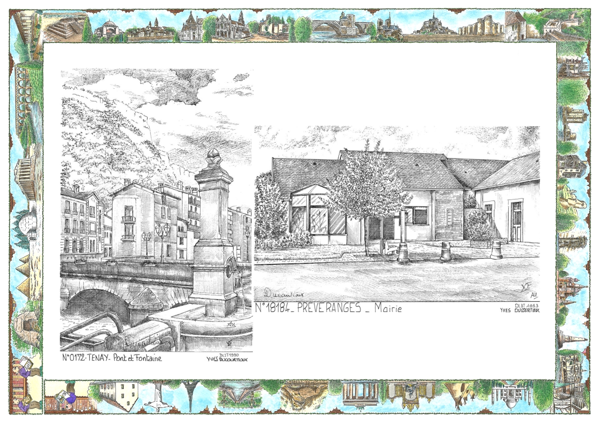 MONOCARTE N 01072-18184 - TENAY - pont et fontaine / PREVERANGES - ancienne mairie