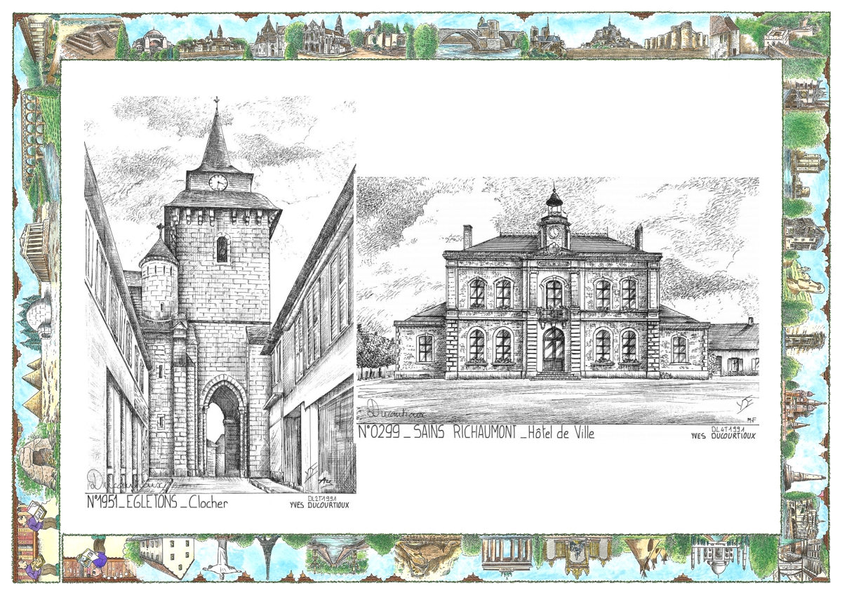MONOCARTE N 02099-19051 - SAINS RICHAUMONT - h�tel de ville / EGLETONS - clocher