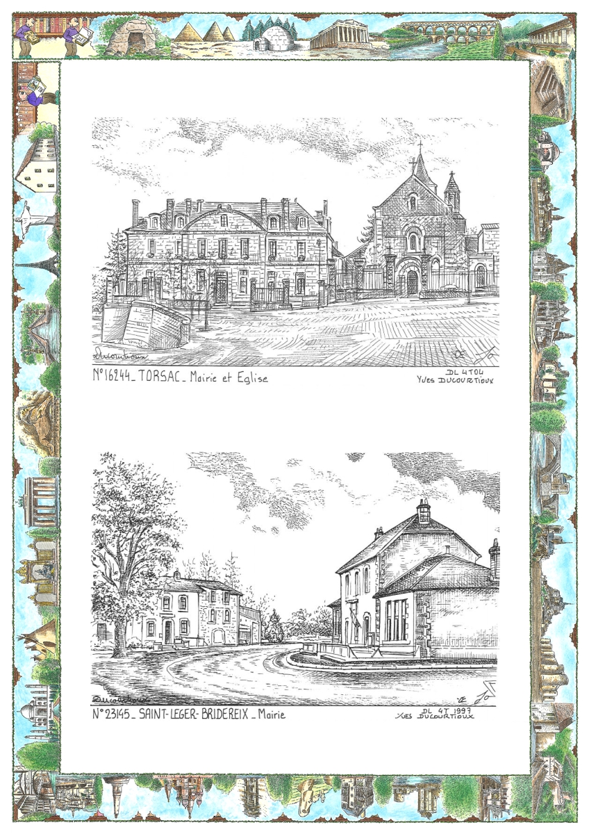 MONOCARTE N 16244-23145 - TORSAC - mairie et �glise / ST LEGER BRIDEREIX - mairie