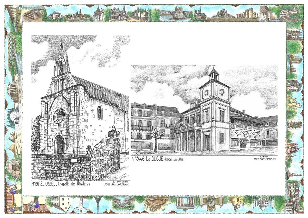 MONOCARTE N 19178-24046 - USSEL - chapelle des p�nitents / LE BUGUE - h�tel de ville