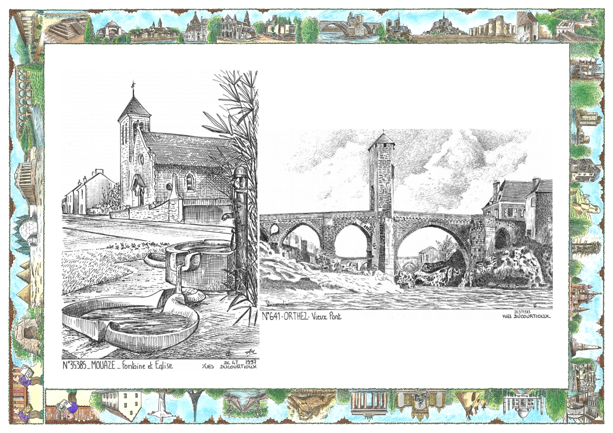 MONOCARTE N 35385-64001 - MOUAZE - fontaine et �glise / ORTHEZ - vieux pont