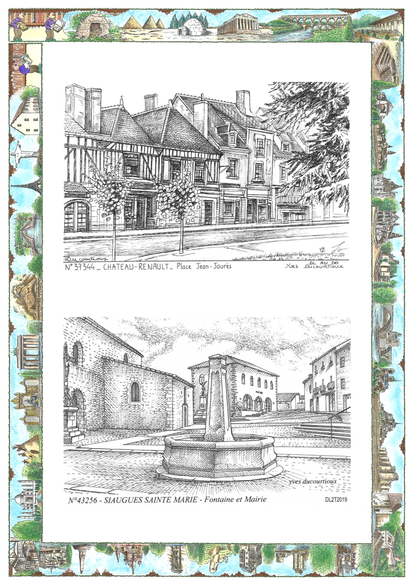MONOCARTE N 37344-43256 - CHATEAU RENAULT - place jean jaur�s / SIAUGUES SAINTE MARIE - fontaine et mairie