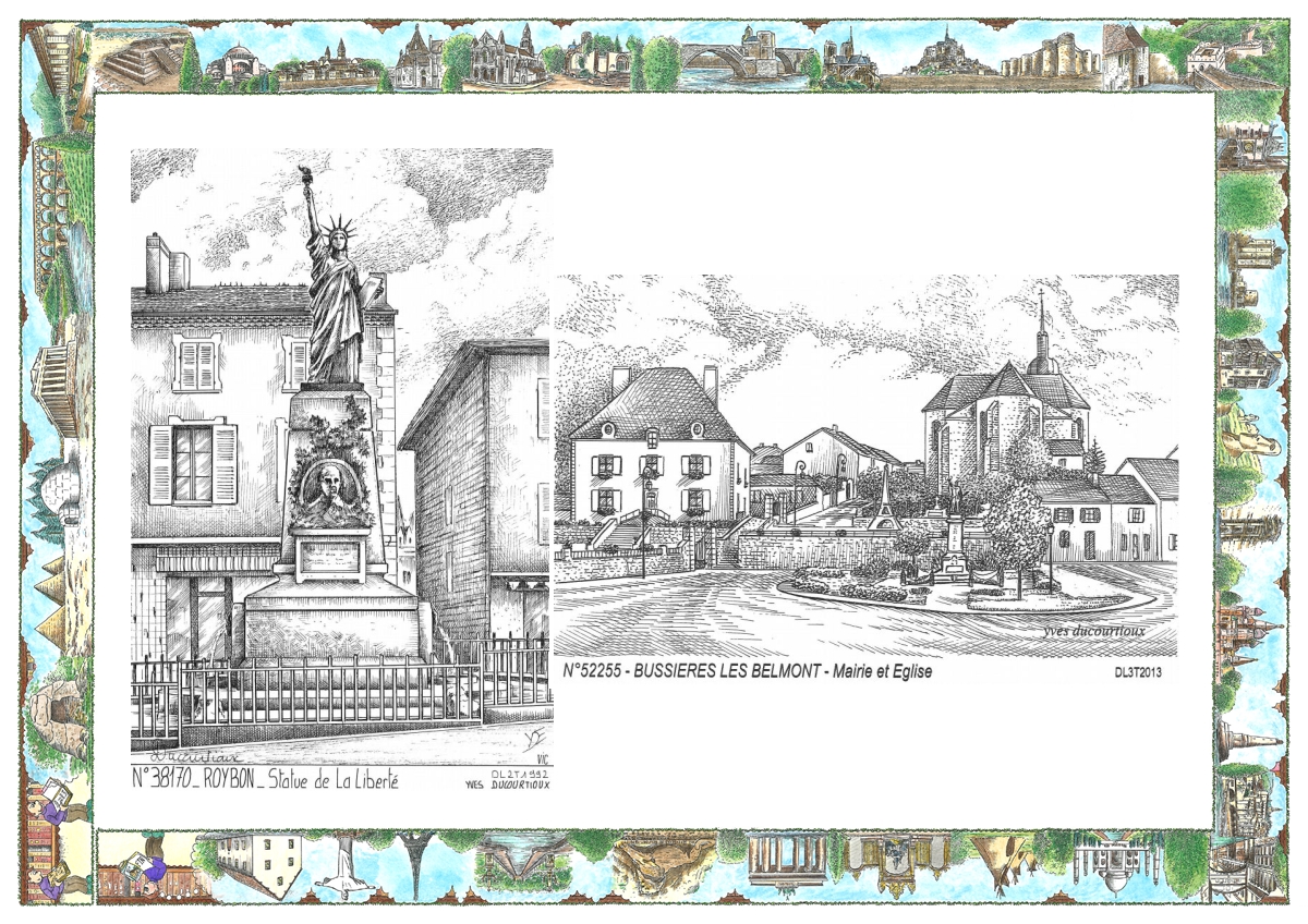 MONOCARTE N 38170-52255 - ROYBON - statue de la libert� / BUSSIERES LES BELMONT - mairie et �glise