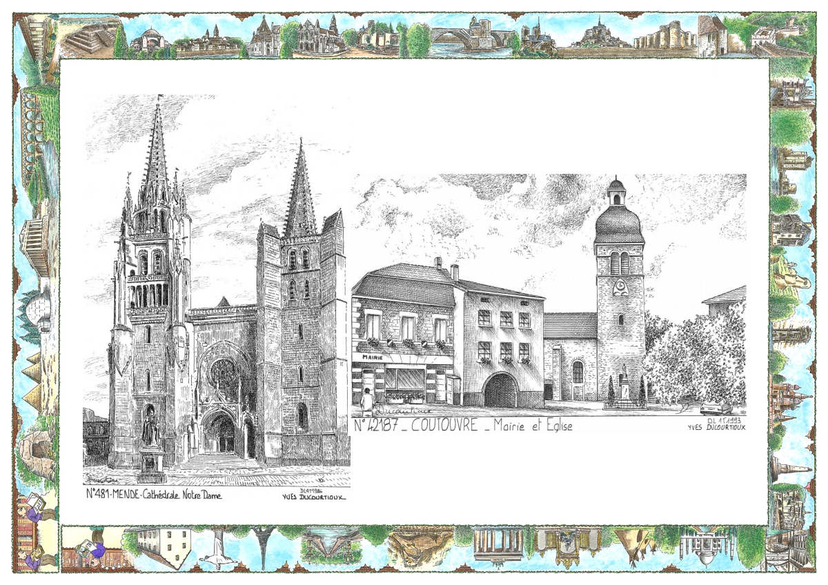MONOCARTE N 42187-48001 - COUTOUVRE - mairie et �glise / MENDE - cath�drale notre dame
