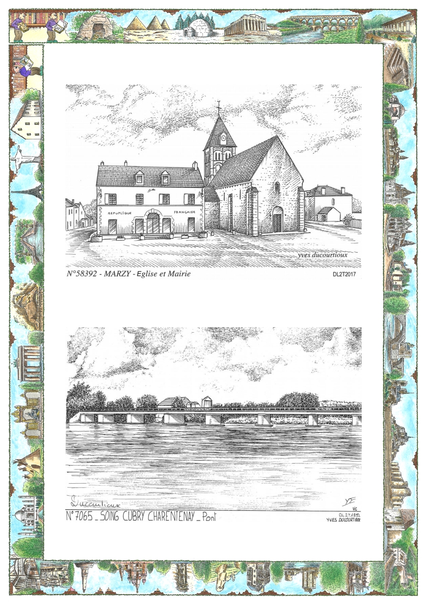 MONOCARTE N 58392-70065 - MARZY - �glise et mairie / SOING CUBRY CHARENTENAY - pont