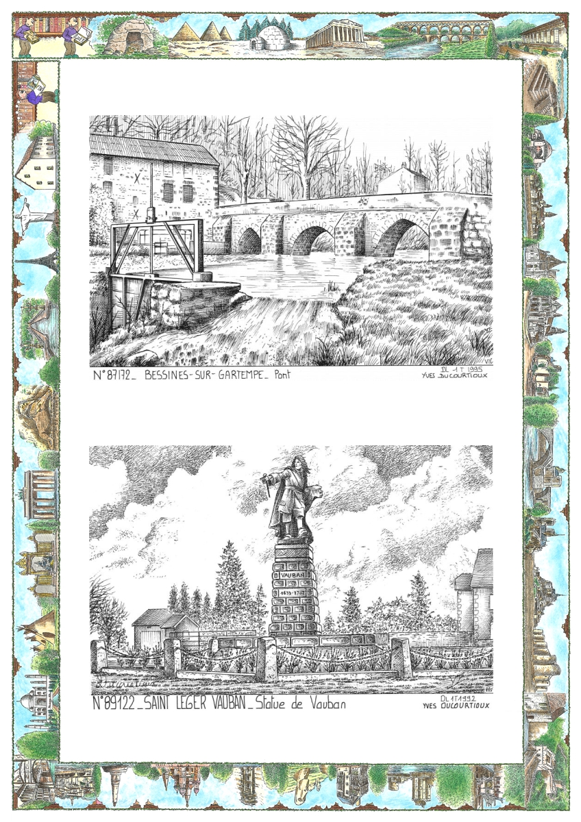MONOCARTE N 87172-89122 - BESSINES SUR GARTEMPE - pont / ST LEGER VAUBAN - statue de vauban