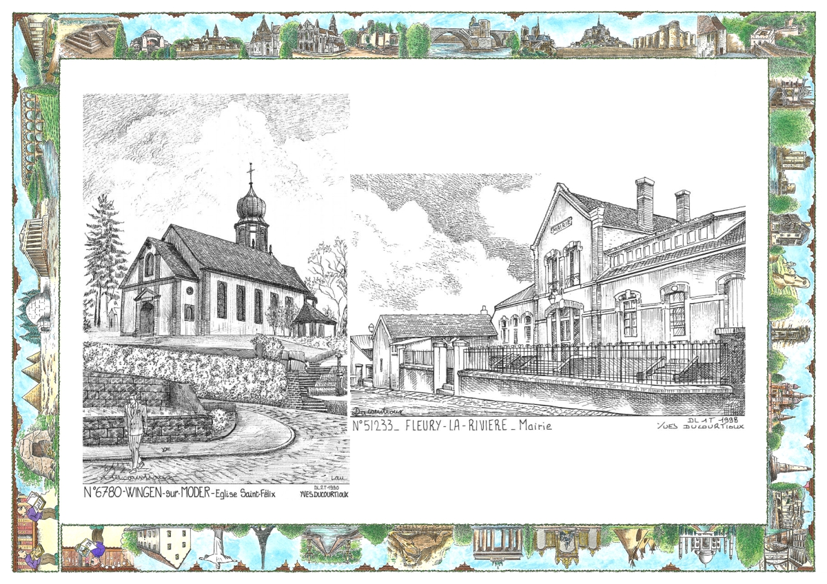 MONOCARTE N 51233-67080 - FLEURY LA RIVIERE - mairie / WINGEN SUR MODER - église st félix