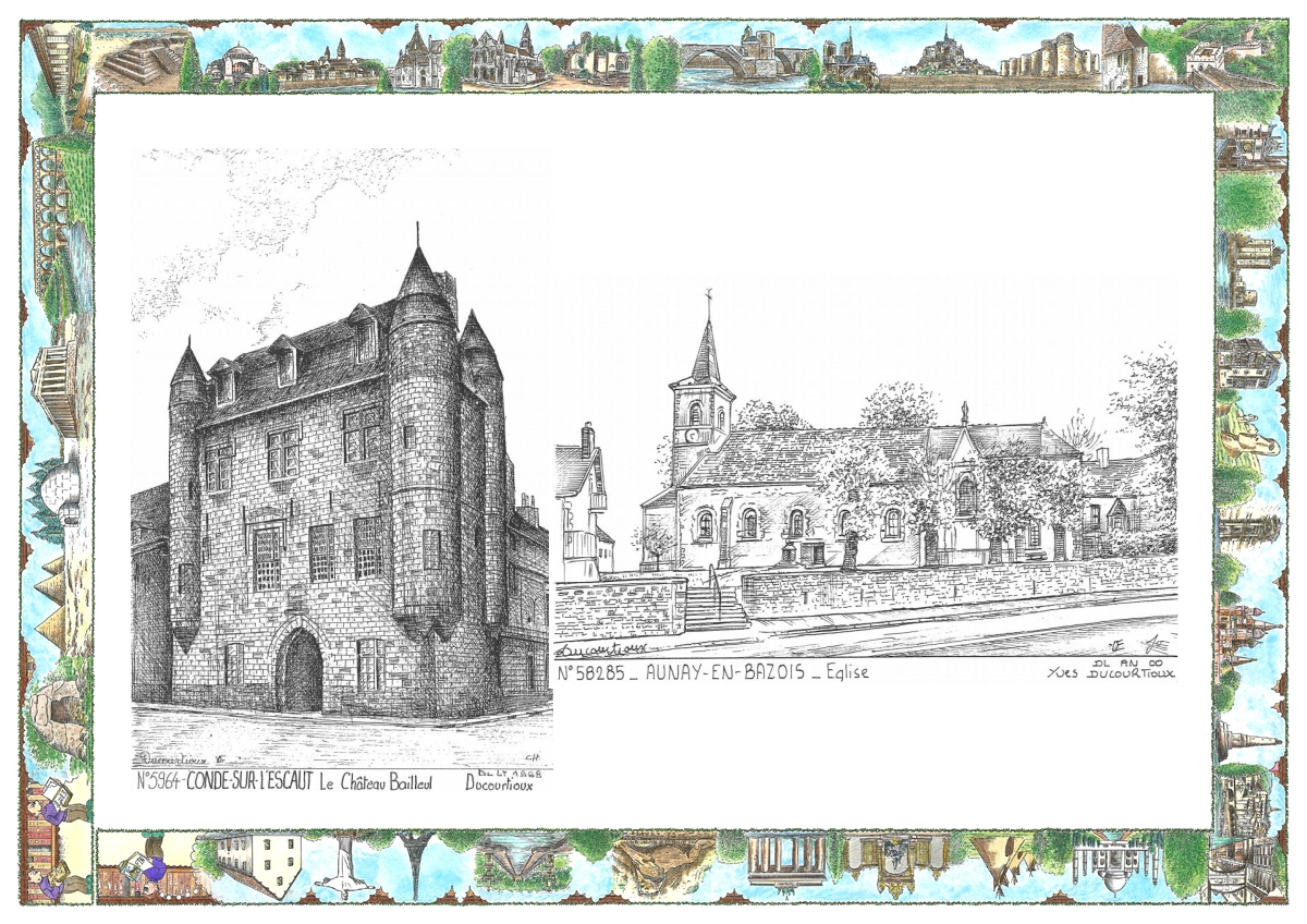 MONOCARTE N 58285-59064 - AUNAY EN BAZOIS - église / CONDE SUR L ESCAUT - château bailleul